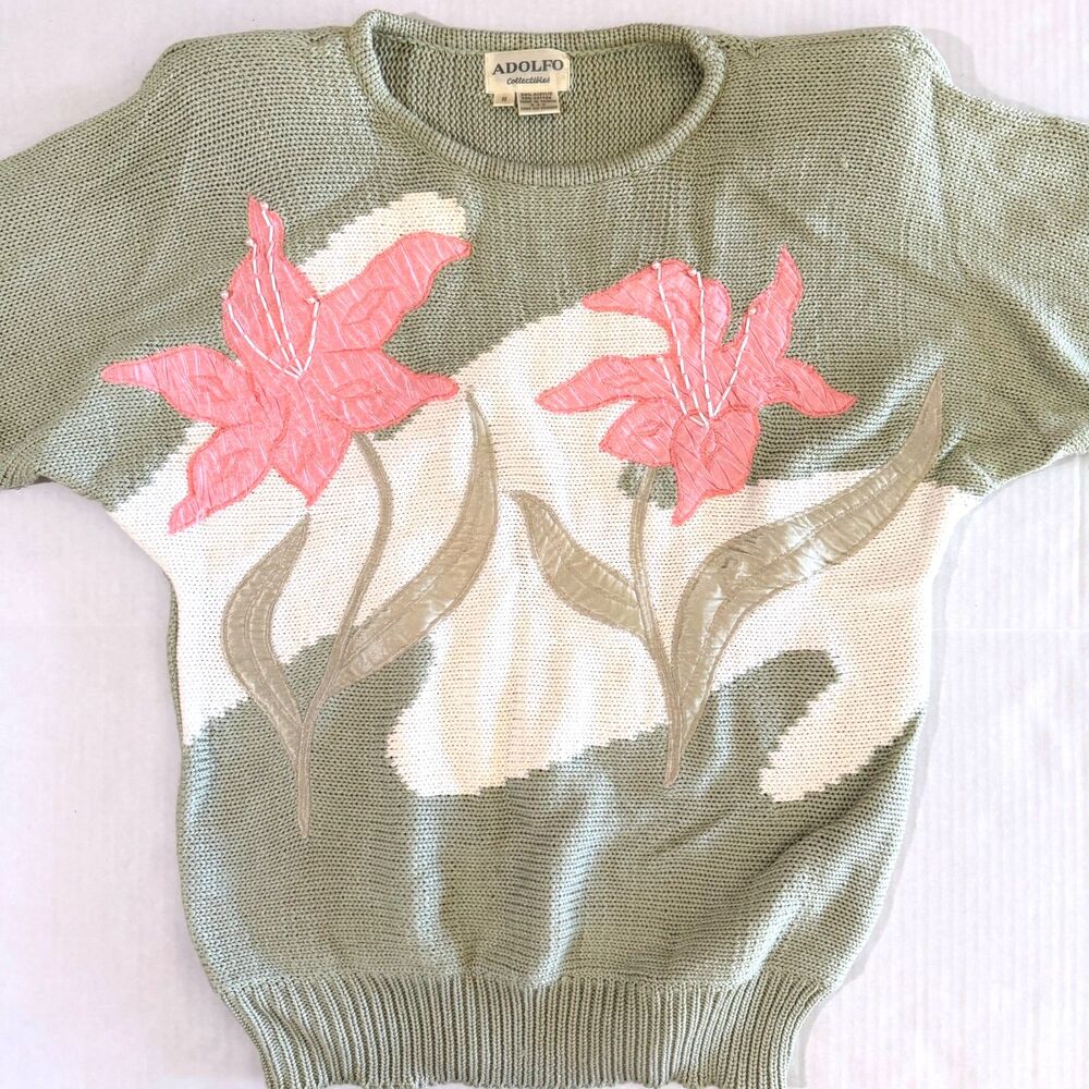Adolfo Collectible, Vintage Pink Tiger Lily Sage Green Knit Spring Sweater, S - Picture 6 of 7